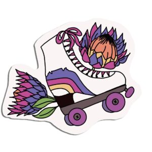 A white roller skate with two protea flowers in purple, pink and orange