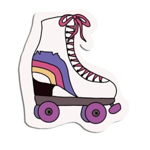 Sticker showing a white roller skate with purple, pink and yellow, and the outline of Table Mountain