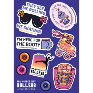 A collection of roller skating stickers on a purple background