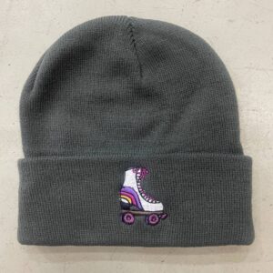 Grey beanie with white roller skate embroidery