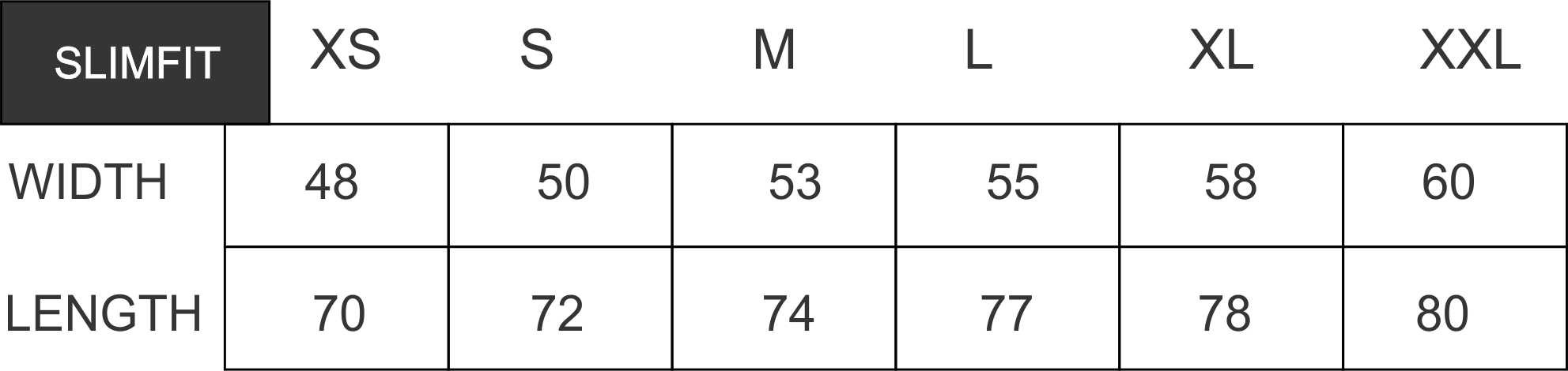 Slimfit Size Chart